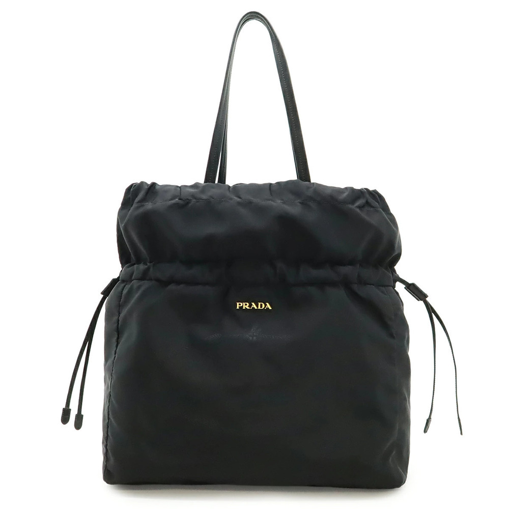 Prada jacquard tote bag shoulder drawstring leather black Nero Black